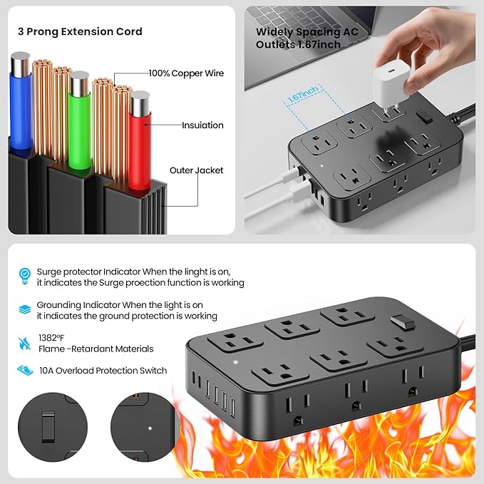 Solidock Flat Plug Power Strip Surge Protector with 12 AC Outlets 6 USB Ports 3 Side Multi Plug Outlet Extender 10 Ft Extension Cord for Home Office Kitchen Dorm Wall Desk Charging Station ETL Listed