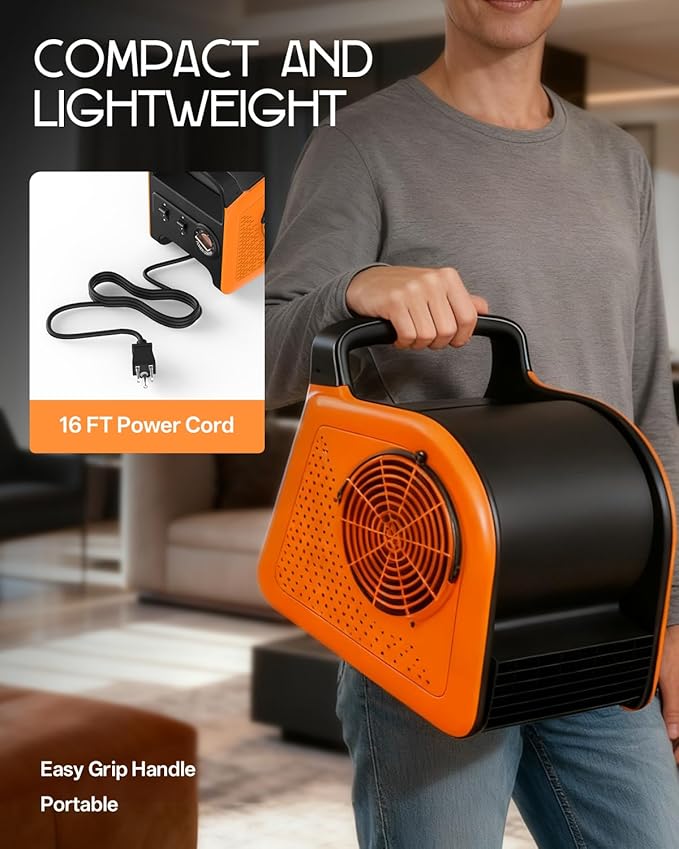 Puligoth Air Mover Blower Fan: High Velocity Floor Fans for Cooling and Drying, Carpet Dryer with Heater, Filter, UV Light, 3 Speeds, 185° Rotating for Industrial, Orange