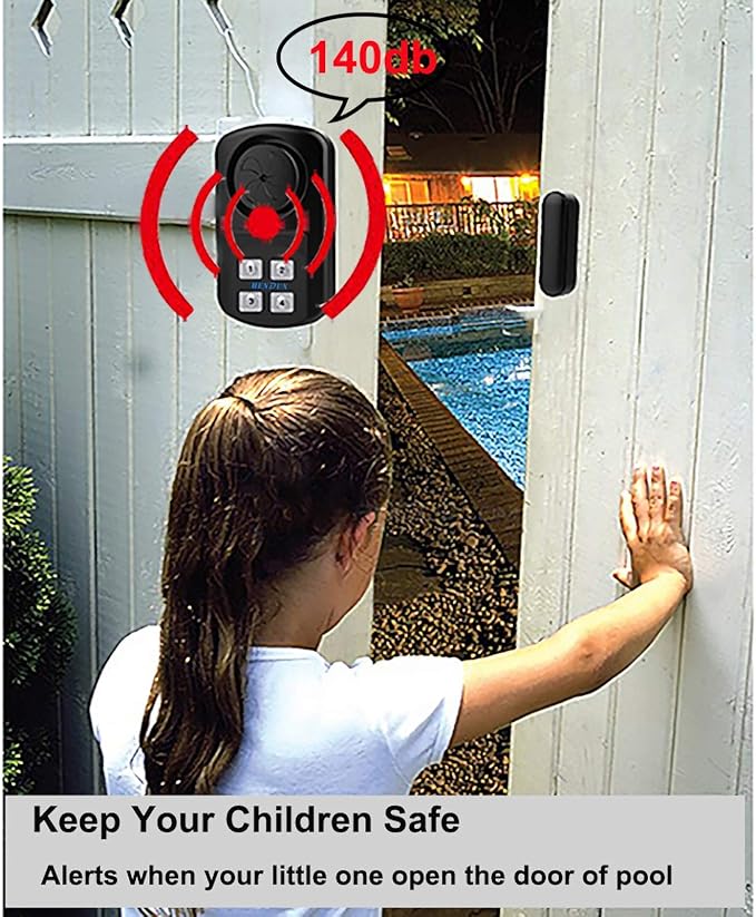 HENDUN Pool Gate Alarm Outdoor Wireless with Remote, 140db Loud, Waterproof Door Alarm Sensor, Kids Safety, Weatherproof Garage Fence Entry Chime (2 Pack)