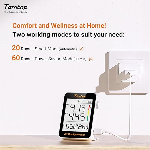 Temtop Air Quality Monitor Indoor Thermo-Hygrometer - PM2.5, AQI, Temperature, and Humidity Meter for Home, Office, or School, Air Quality Measurement, 60-Day Battery Life