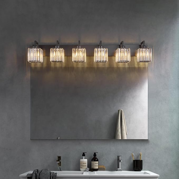 FDPBY Black Bathroom Light Fixture, 6-Light Crystal Vanity Lighting, Bathroom Lighting Fixtures Over Mirror, Modern Crystal Wall Lamp