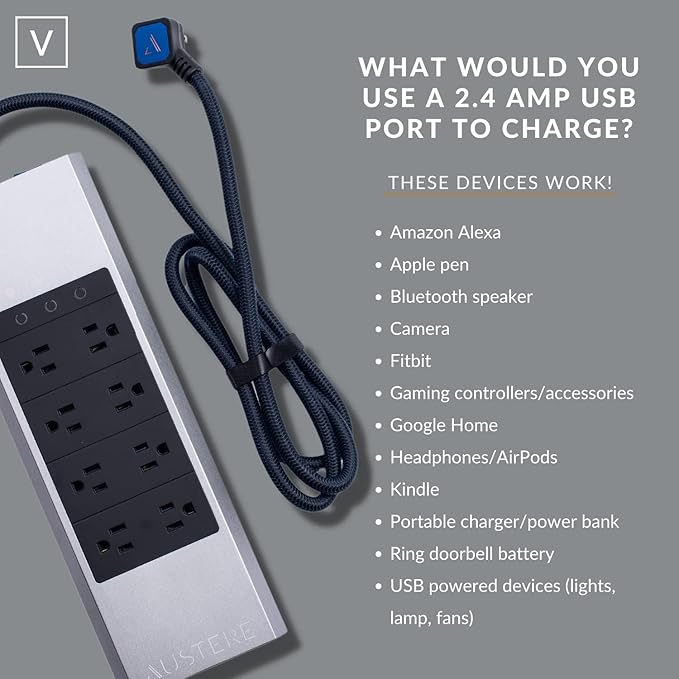 Austere V Series, 8 Outlet Surge Protector Power Strip, 3000 Joules, EMI/RFI Filtering, 3 USB-C and 2 USB-A 2.4 amp Ports, LED Indicators, Overcurrent Protection, 5 Year Component Guarantee