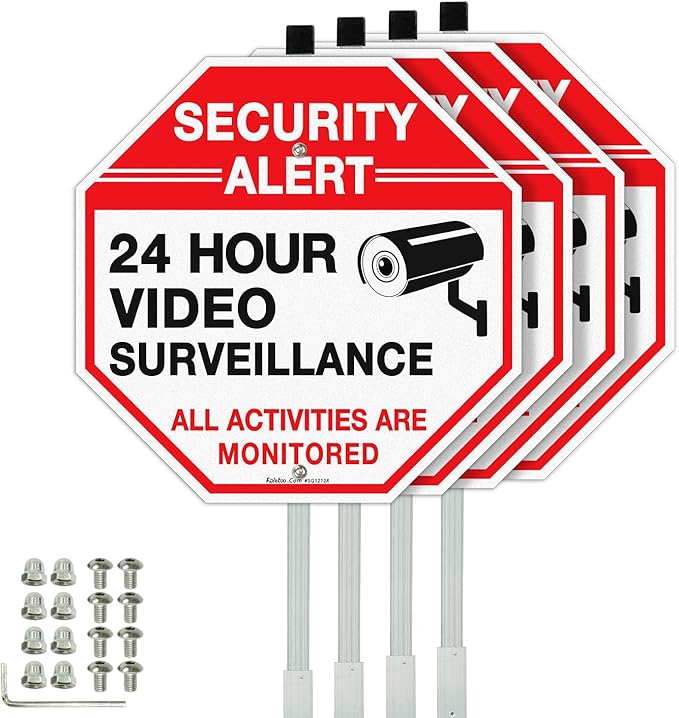 Faittoo Security Sign Video Surveillance Sign with 36" Stake for Outside, 4-Pack 12"x12" Rust Free Heavy Aluminum, Reflective, Fade Resistant, 2 pre-drilled holes, Includes Matching Screws & Wrench,