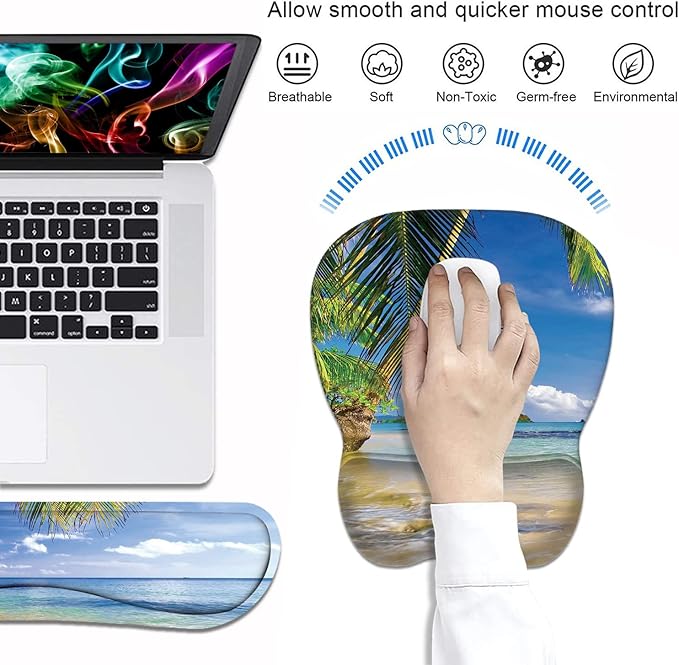 Ergonomic Mouse Pad Wrist Support and Keyboard Wrist Rest Set with Coasters, Non-Slip PU Base, Easy Typing & Pain Relief for Computer Laptop Home Office, Shore Palms Tropical Beach