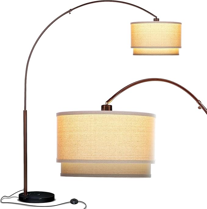 Brightech Mason Arc Floor Lamp - Modern Corner Standing Lamp with Unique Hanging Drum Lamp Shade for Living Room - Bright Overhead, Curved Hanging Light for Bedroom. Library, Den - Bronze