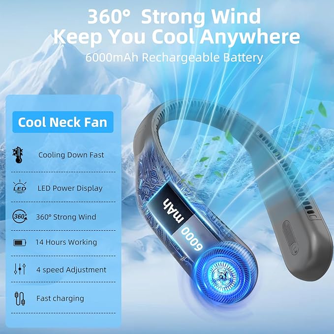 Kinhowly Portable Neck Fan,Hands Free Personal Wearable Bladeless Fan,6000mAh USB Rechargeable,360° Cooling,LED Display,4-Speeds,Birthday Gifts for Men Women Dad Mom,Valentines Day Gifts (Dark grey)