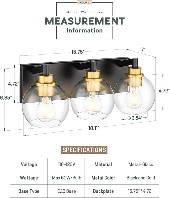 METWET Bathroom Light Fixtures, 3-Light Black and Gold Bathroom Vanity Light, Modern Wall Sconces with Globe Clear Glass Shade, Vanity Lighting Fixtures Over Mirror, VL195-KG-3