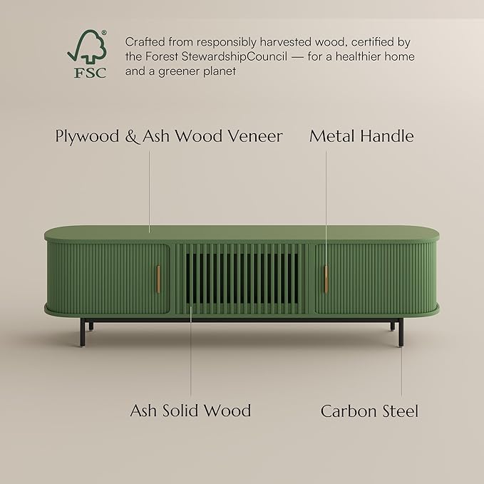 POVISON Fully-Assembled Modern Green TV Stand with Tambour Doors, Fluted TV Media Console for 75 Inch TVs, Sliding Door Entertainment Center with Storage for Living Room (Green, 78.74")