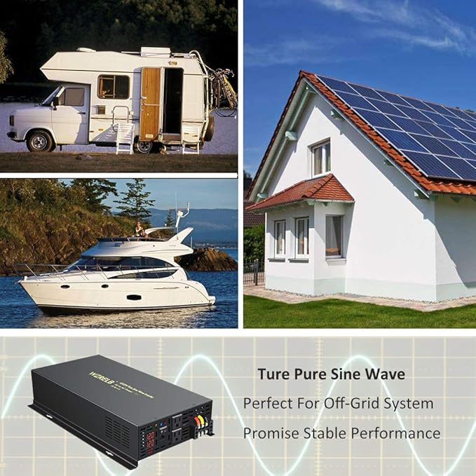 WZRELB 4000W 12VDC 120VAC Pure Sine Wave Power Inverter, 2 AC Outlets, Wired Remote Control, RV (RBP-400012WR)
