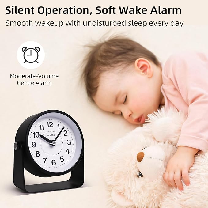 TIMESS Analog Alarm Clock, Silent Non-Ticking Quartz Movement, Battery-Operated with Snooze & On-Demand Light, Easy to Set Gentle Wake Bedside Desk Clock, Ideal for Home, Travel, Office (Black)
