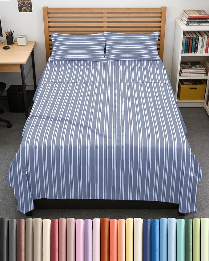 Full XL Bed Sheet Set - 4 Piece Extra Long Extended Full XL Sheets - Soft, Breathable & Cooling - Fits 8" to 16" Mattress with Deep Pockets - 54" x 80" - Wrinkle and Fade Resistant - Blue Stripes 3
