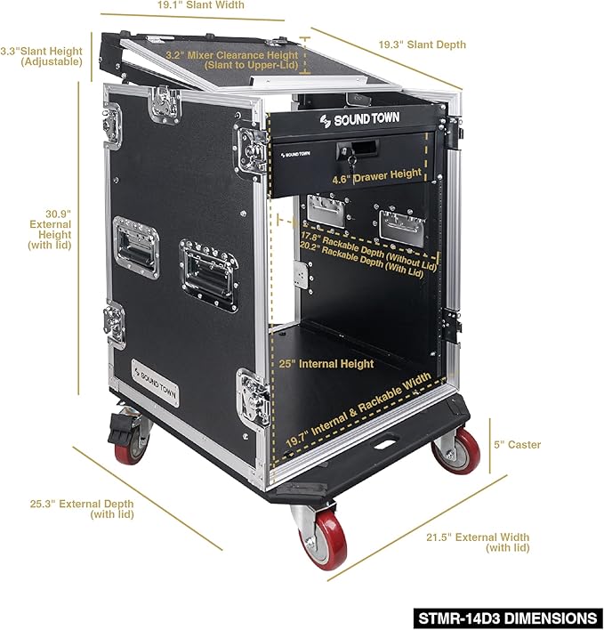 Sound Town Heavy-Duty 1/2" (12mm) Plywood 14U PA DJ Pro Audio Rack/Road ATA Case with 11U Slant Mixer Top, Locking Drawer, 20’’ Rackable Depth and Casters (STMR-14D3)