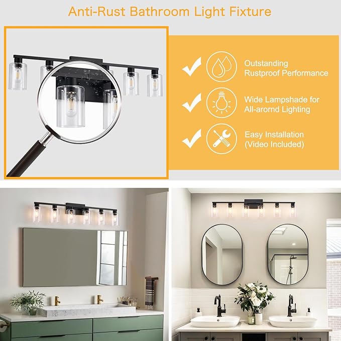 SOPEAS 6-Light Bathroom Vanity Light Black Vanity Lights for Bathroom Light Fixtures Matte Black 6 Light Fixtures with Clear Glass Shades for Bath Over Mirror