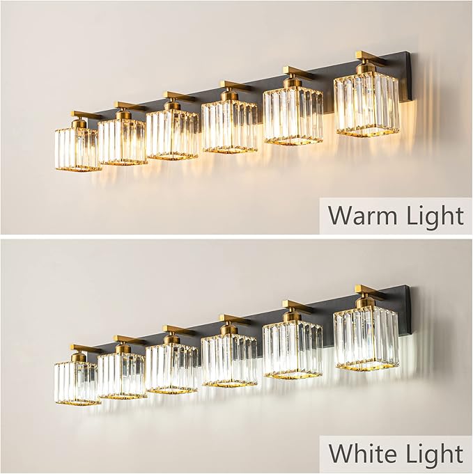 FDPBY Modern Bathroom Vanity Light 6-Lights Black Gold Crystal Bathroom Wall Light Vanity Light Fixtures，44.09-inch Modern Minimalist Design