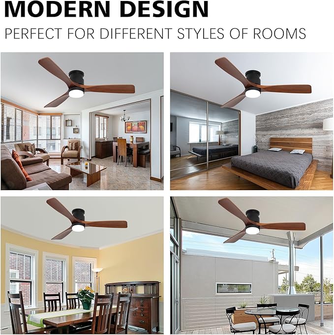 revoici 52" Ceiling Fans Flush Mount with Lights and Remote Control, Dark Brown Solid Wood Ceiling Fans for Indoor Outdoor Farmhouse, Timing 6 Speeds 3 Color Light with Memory Lighting
