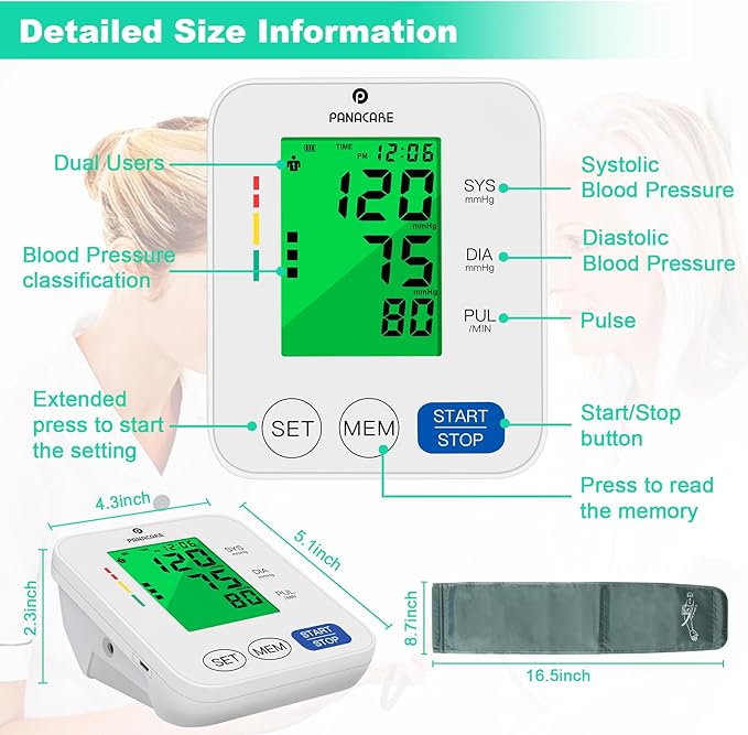 Panacare Blood Pressure Machine, Automatic Upper Arm Blood Pressure Monitor for Home use, 2x99 Readout and BP Cuff, 3.4" 3-Color Backlit Screen, Adjustable Large Cuff (8 to 16 inches), White