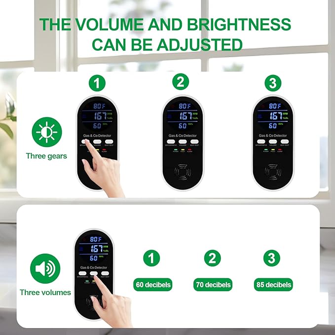 2 Pack 5-in-1 Carbon Monoxide Detector & Natural Gas Leak Alarm,AC-Plug-in CO Alarm & Explosive Gas Detector Battery Backup with 4 sensors,Three Levels Volume & Brightness for Home,RV,Hotel