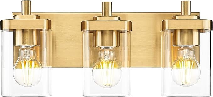 METWET Bathroom Light Fixtures Over Mirror, 3-Light Brushed Gold Vanity Light with Square Clear Glass Shade, Modern Wall Sconces, Vanity Lighting Fixtures, VL194-BG-3