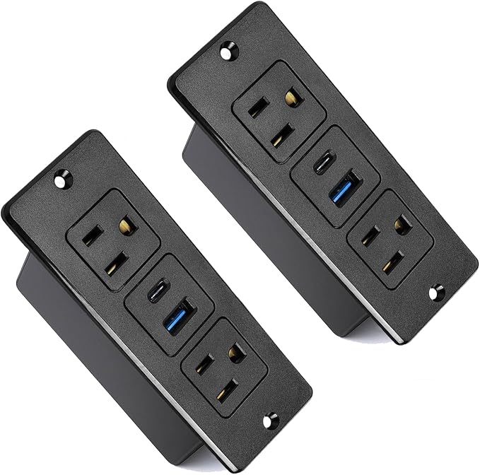 2 Pack 20W Recessed Power Strips USB, 2 AC + 1 USB-C + 1 USB-A, 6ft Cord, Space Saving Furniture Outlets for Desk/Bedside/Drawer (18W USB-A & 20W USB-C Fast Charge)