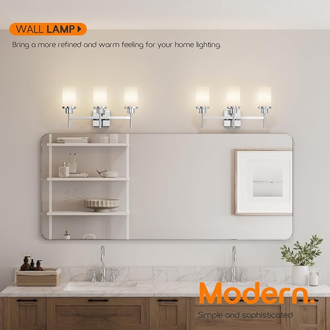 AONEON Bathrom Light Fixtures Polished Chrome 3 Vanity Lights with White Frosted Glass Shade, Wall Lamps Over Mirror for Bath Washroom Bedrom T001CH-L3