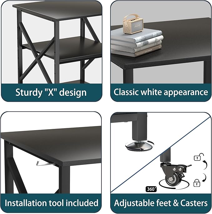Printer Stand, 23.6 x 23.6 Inches Large Printer Stand with Adjustable Storage Shelf, 3 Tier Printer Table for Home Office, Rolling Printer Cart with Industrial Wheels, Mini Fridge Stand Table, Black