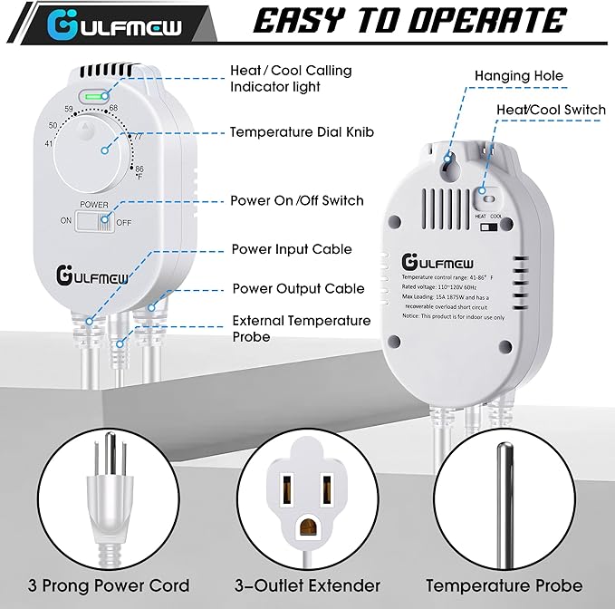 Plug in Thermostat for Heater, Thermostat Plug Outlet with 4.9FT Power Cord, Heating and Cooling Thermostats Outlet with Temperature Probe for Space Heater, Greenhouse Fan(White,1 Pcs)
