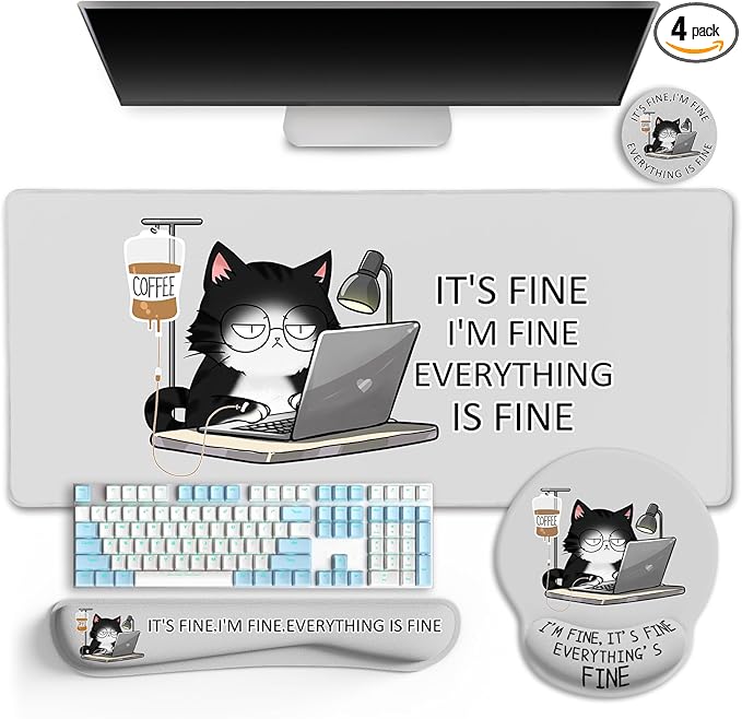 LIMKRIAN Cat Ergonomic Mouse Pad with Wrist Rest Desk Mat Sets Accessories, Cute Mouse Pads for Desk, Gaming Mouse Pad Wrist Support, Keyboard Mat Wrist Rest Cup Coaster Funny Office Desk Accessories
