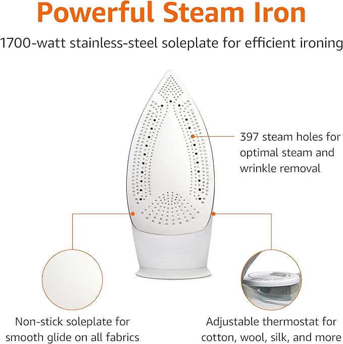 Amazon Basics Steam Iron for Clothes with Safety Auto Shut-Off, Handheld Steamer, Steel Soleplate, 1700-Watt, 1.62ft, Gray