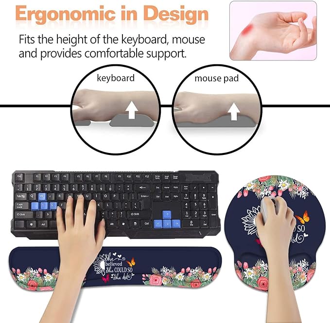 Keyboard Wrist Rest + Mouse Pad Wrist Support Set with Coasters, She Believed She Could So She Did Inspirational Quote Design Non-Slip PU Base Ergonomic Mousepad for Home Office Working Studying