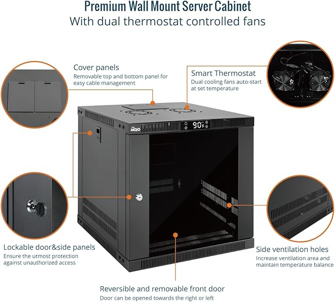 Tecmojo 9U Wall Mount Rack with Thermostat, 17.7inch Depth Enclosed Server Cabinet with 2 Cooling Fans,Lockable Door & Hardware,9U Rack for 19inch Equipments,Glass Door