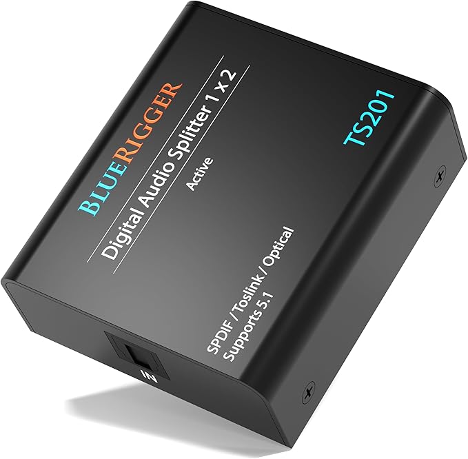 BlueRigger Digital Optical Audio Splitter (Active Toslink Splitter 1 in 2 Out, SPDIF, Fiber Optic Adapter) - Compatible with Home Theatre, Xbox, PS4, DVD, Receiver, TV, LPCM2.0, DTS, Dolby Digital