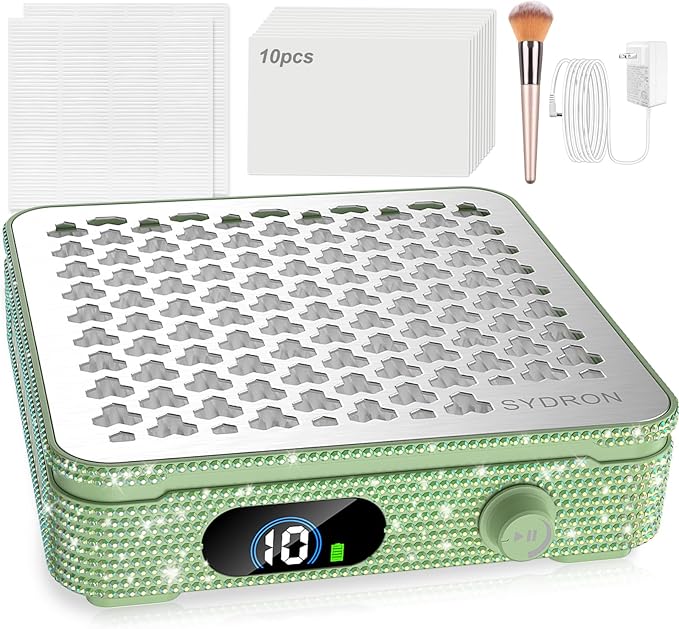 Nail Dust Collector | 1000PA Dust Collector Nail Tech | 10 Speed Levels | Low Noise & Strong Suction | Reusable Filter, 10 Pads + Nail Dust Brush | for Acrylic Nails, Salon & Home -Grass Green Diamond