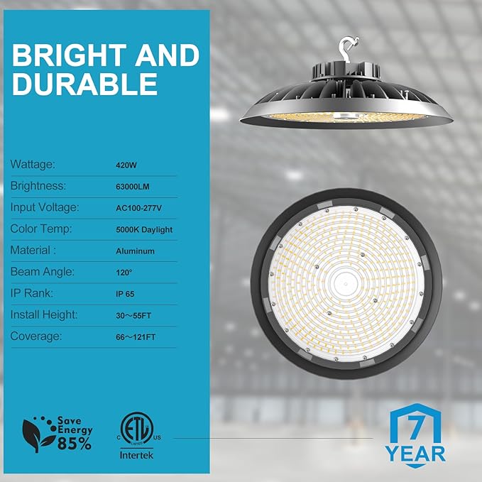ACOHOOK 420W LED High Bay Light 5000K Daylight UFO Commercial Bay Light AC100-277V, 63000LM (1680W MH/HPS) High Bay LED Shop Lights with Plug and US Hook-4Pack