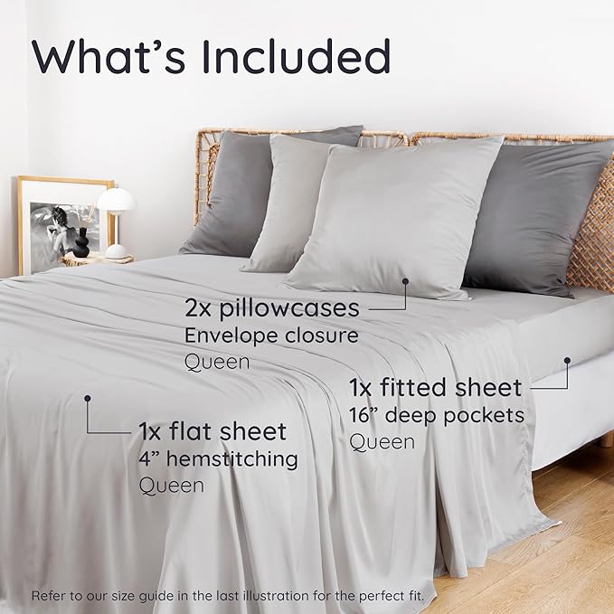 Bambaw Queen Sheet Set – 4pcs 100% Viscose Derived from Bamboo Sheets Set, Cooling Sheets for Night Sweats, Soft Queen Sheets, Hotel Luxury Bed Sheets Set, 16'' Deep Pockets (Moonlight Gray)