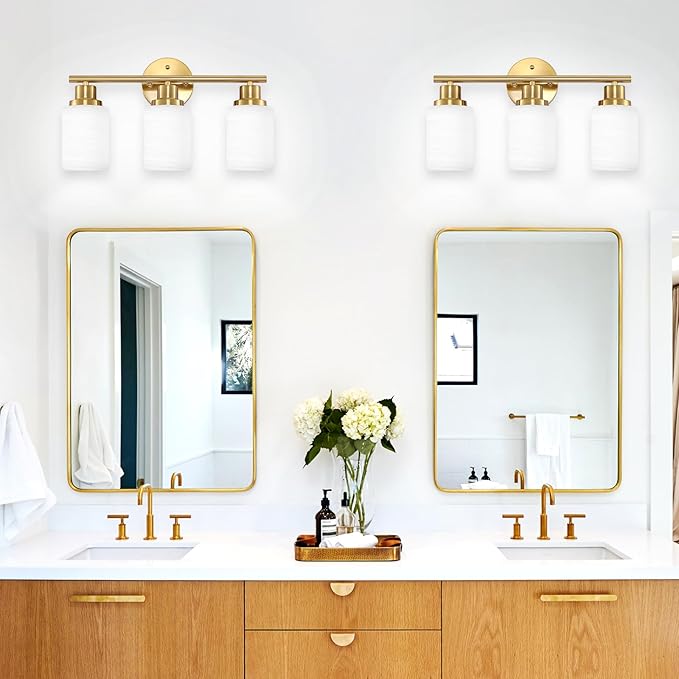 Guliaofo 3-Light Bathroom Light Fixtures, Vanity Lights for Mirror with Textured Milky White Glass Shade, Modern Kitchen Light Fixtures Wall Sconce Light - E26 Base - Brushed Gold