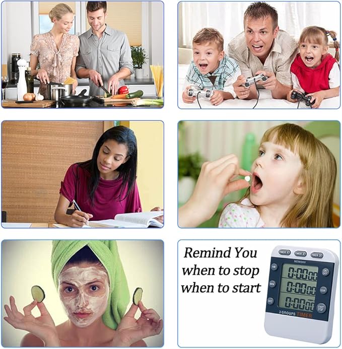 MOSTRUST Digital Dual Kitchen Timer for Cooking, 3 Channels Count Down/up Triple Multi Timers for Food, Magnetic Memory-Preset Large-Display Adjustable Alarm Volume, 3A Battery Included