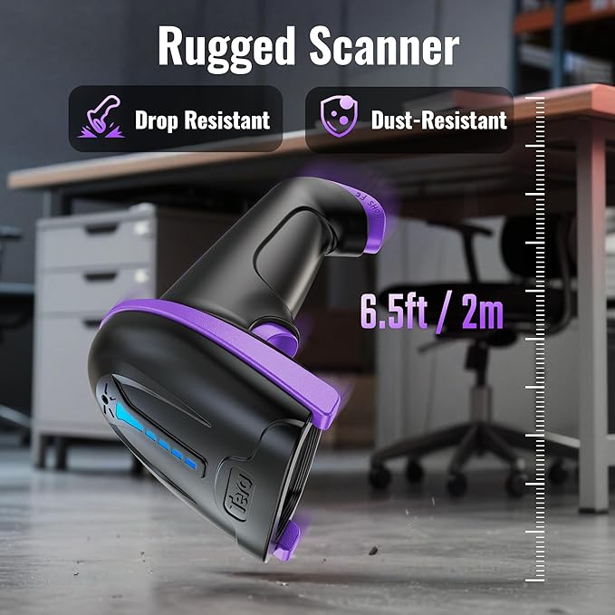 Tera Barcode Scanner Wireless Versatile 2-in-1 (2.4Ghz Wireless+USB 2.0 Wired) with Battery Level Indicator, 328 Feet Transmission Distance Rechargeable 1D Laser Bar Code Reader Handheld 5100 Purple