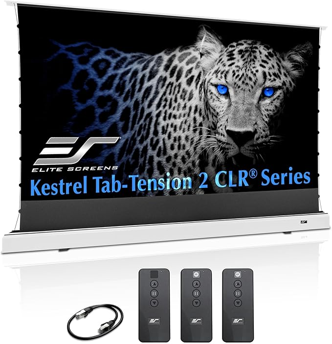 Elite Screens Kestrel Tab-Tension CLR, 121 inch 16:9, Ultra-Short Throw Ceiling Ambient Light Rejecting ALR Electric UST Floor-Rising Projection Motorized Front Projector Screen, FTE121XH3-CLR, White