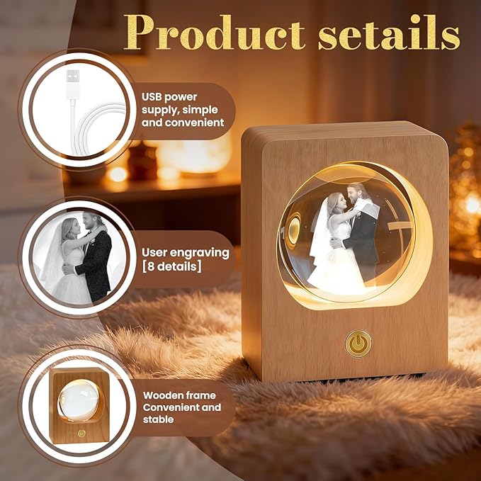 Gloryage Personalized 3D Crystal Photo Lamp – Custom Engraved Memory Ball with Warm LED Light and Wood Base, Ideal Gift for Anniversary, Wedding, Birthday, Valentine's Day, Pet Memorial