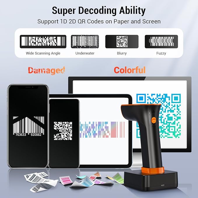 Tera Barcode Scanner Wireless with Screen: Pro Version 1D 2D QR with Digital Setting Keypad Power Switch Charging Cradle Works with Bluetooth 2.4G Wireless Bar Code Reader HW0015 Orange