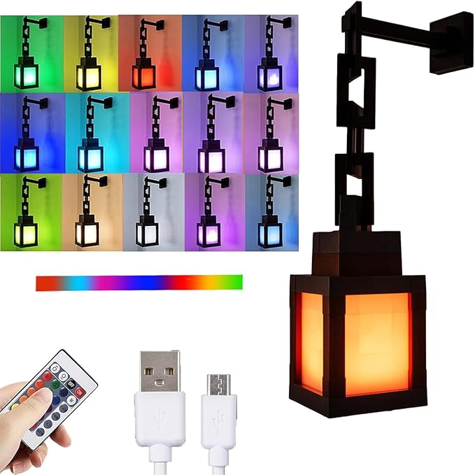 Neioaas Pixelated Lantern Night Lamp - 16 Color Changing Hanging Lantern Lamp, Rechargeable LED Wall and Table Decoration for Boys, Girls, and Adults, Playroom and Bedroom Decoration