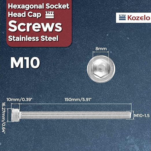Kozelo 2pcs Socket Head Cap Screws - [M10-1.5 x 150mm] 304 Stainless Steel Allen Socket Drive for Electrical Motor 3D Printing Fan Engine Replacement Use, Silver