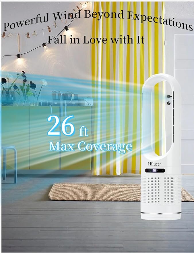 Hiluce Tower Fan,Bladeless Fan for Bedroom,2-in-1 Oscillating Fan 20dB Quiet Cooling Standing Fan with Remote,Touch, LED Display 8 Speeds 9H Timer 32 inch White