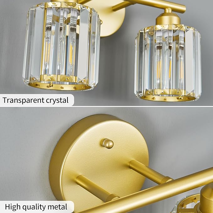 FDPBY Modern 2 Light Crystal Vanity Light, Gold Vertical Bathroom Light Fixture Over Mirror for Dressing Table Sink, Compatible with Dimmable Bulbs (Bulbs Not Included)