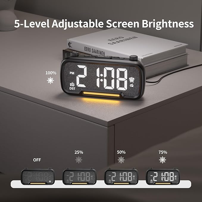 OnLyee 5-in-1 Alarm Clock Radio – FM Radio, Hi-Fi Speaker Sound, Bluetooth Speaker, Auto-Off Timer, Night Light, Dual Charging Ports – Ideal for Bedrooms, Dorms & Home Offices (Black)