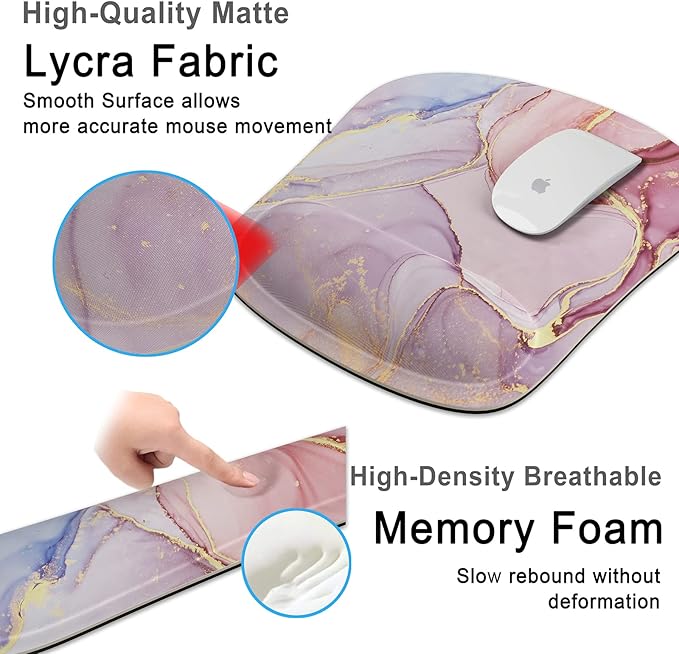 Keyboard Wrist Rest Memory Foam Ergonomic Mouse Pad with Computer Wrist Support Set with Non-Slip Rubber Base Coaster for Home, Office Easy Typing and Pain Relief - Pink Gold Marble
