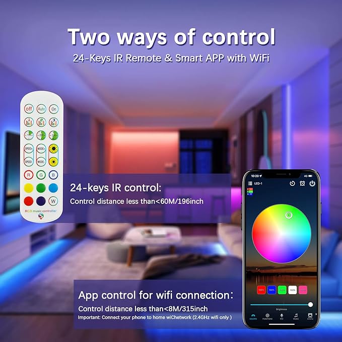 Taoellen Smart WiFi & IR Dual-Control RGB LED Controller - 2.4GHz/Infrared Wireless, 2-Channel 4-PIN Output with Music Sync, Compatible with 5050/3528 LED Strips
