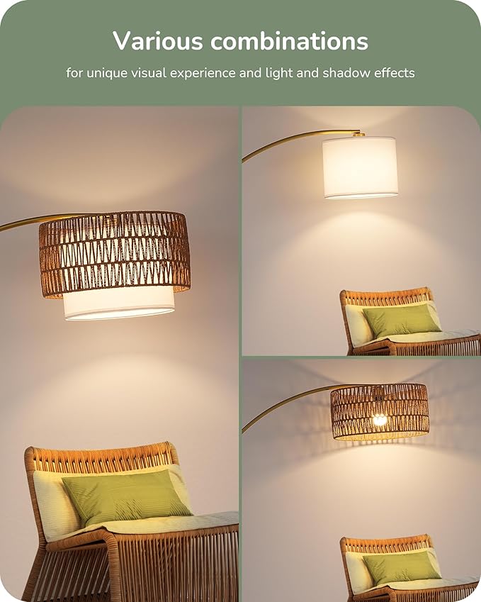 EDISHINE Gold Floor Lamps for Living Room, 76" Arc Floor Lamp with Remote & Dimmable Bulb, Boho Rattan Standing lamp with 5 Color Temperatures, Adjustable Tall Lamp for Bedroom, Office, Nursey