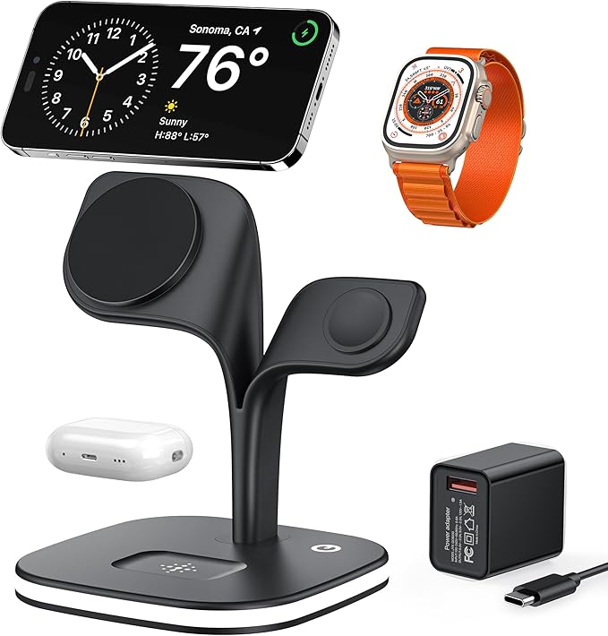 3 in 1 Wireless Charging Station for Apple Magsafe Charger Stand,Magnetic Wireless Charger Station for iPhone 17 Air 16 15 14 13 12 Series,Apple Watch Series 1-10,AirPods with LED and Adapter
