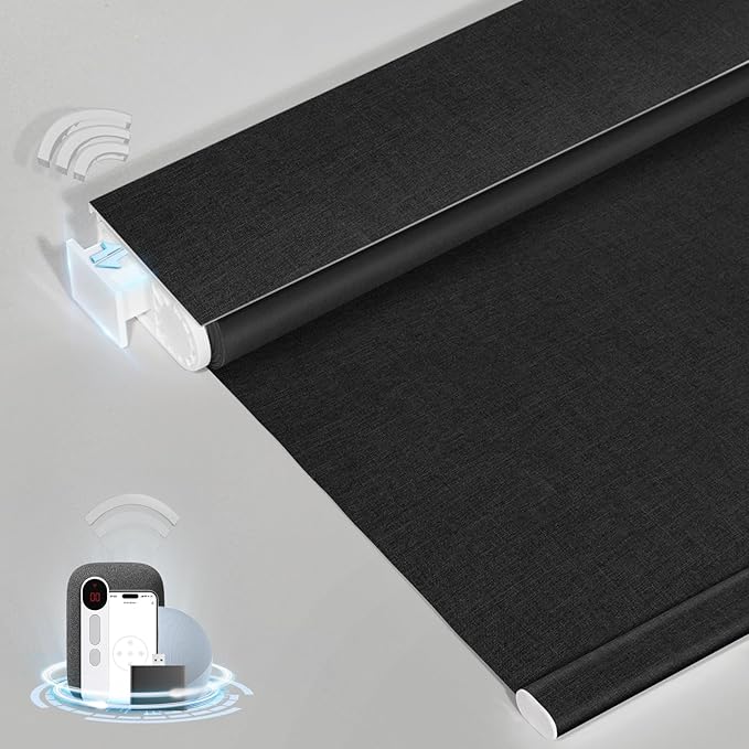 MANSNIX Smart Motorized Blinds with Remote, Cordless No-Drill Automatic Roller Shades, Blackout Electric Blind for Windows, Black, 30 x 72